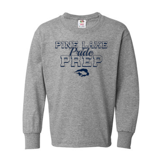 Gray youth long sleeve tee screen printed with Pine Lake Prep Pride school spirit wear graphic — Ultimate Swag, Mooresville NC