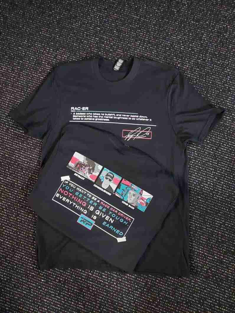 Black tee with a full-color racing team screen print featuring a Racer definition graphic and signature — Ultimate Swag, Mooresville NC