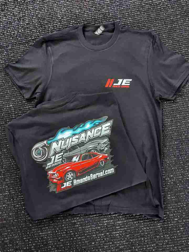 Black JE Racing tees with a full-color Nuisance race car back print and left chest logo — Ultimate Swag, Mooresville NC