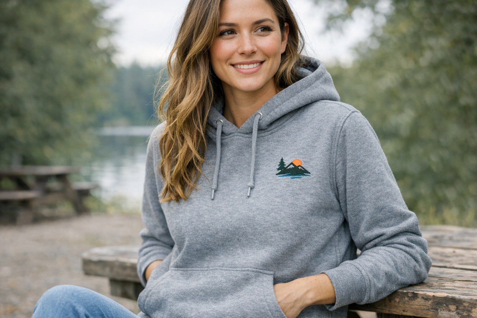 Woman wearing a custom embroidered hoodie - Ultimate Swag NC