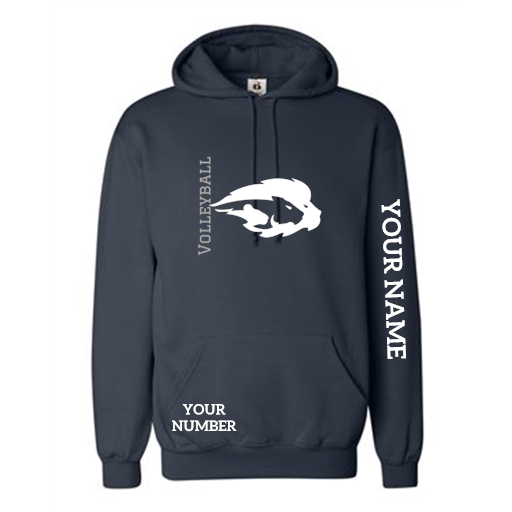 Navy volleyball team hoodie screen printed with player name and number personalization — Ultimate Swag, Mooresville NC