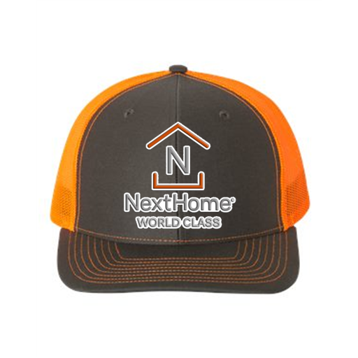 Charcoal and orange Richardson trucker hat with a custom embroidered corporate logo — Ultimate Swag, Mooresville NC