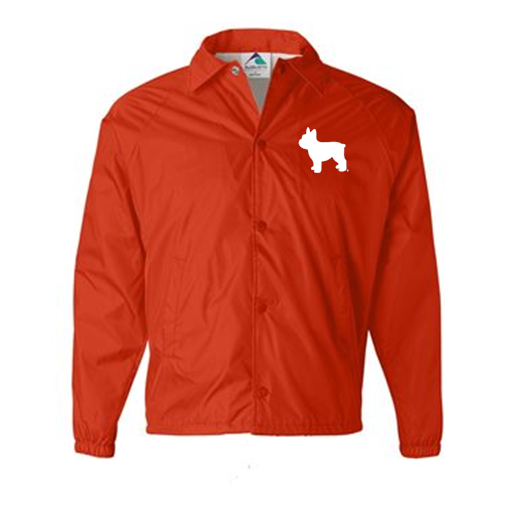 Orange coaches jacket with a custom screen printed french bulldog mascot logo — Ultimate Swag, Mooresville NC