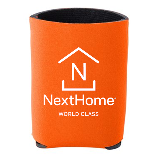 Orange promotional can cooler printed with a real estate brokerage logo — Ultimate Swag, Mooresville NC
