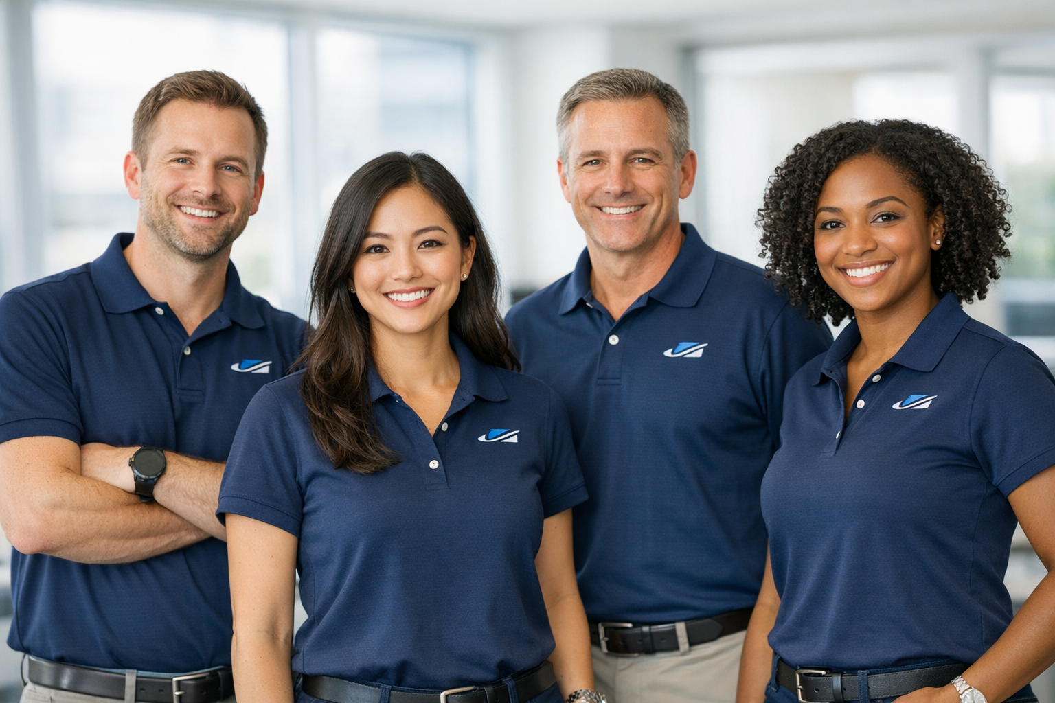 Team wearing matching custom embroidered company polos - employee apparel & uniforms Mooresville NC
