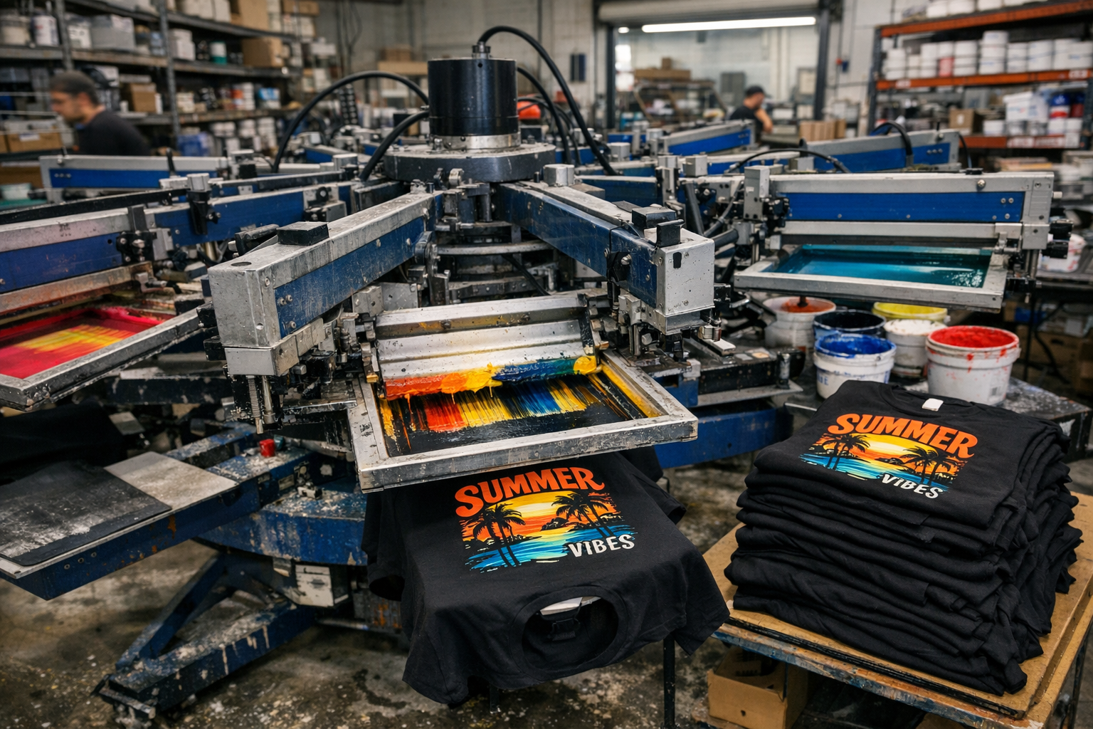 Automatic screen printing press printing custom t-shirts - contract decoration & bulk screen printing Mooresville NC
