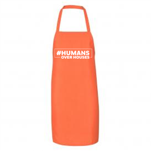 Orange promotional apron screen printed with a Humans Over Houses nonprofit logo — Ultimate Swag, Mooresville NC