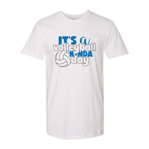 White volleyball team tee screen printed with a blue spirit wear design — Ultimate Swag, Mooresville NC
