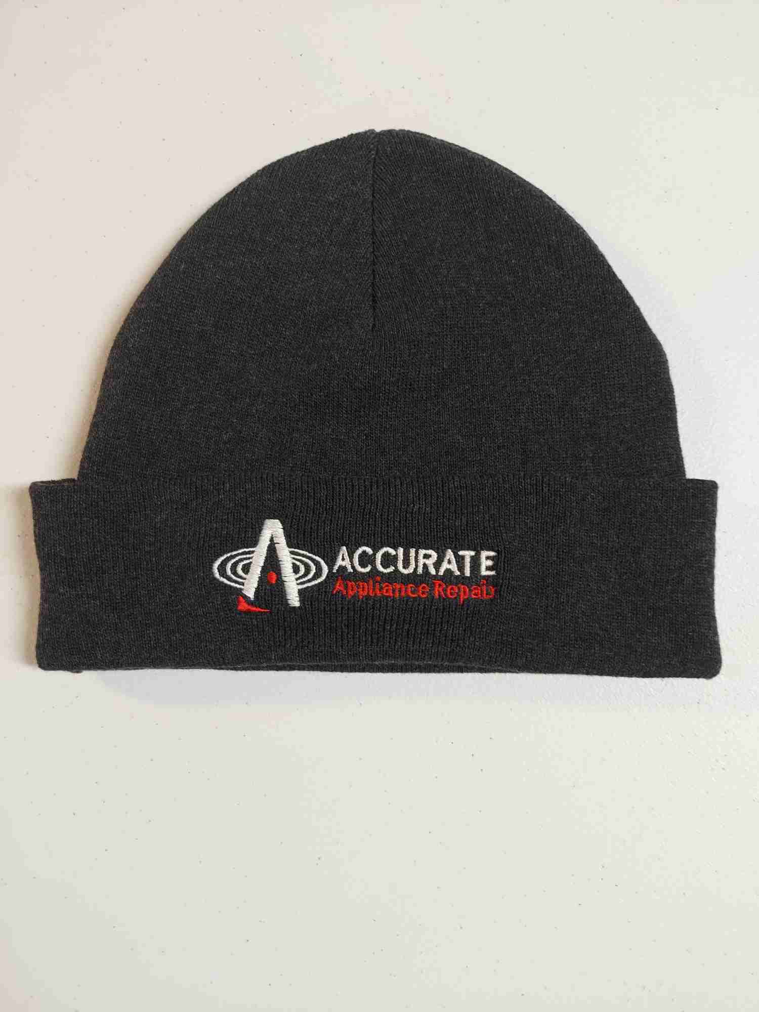 Charcoal knit beanie with an embroidered Accurate Appliance Repair logo for work uniforms — Ultimate Swag, Mooresville NC