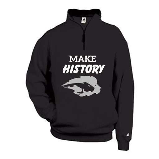 Black quarter-zip school spirit pullover printed with a Make History mascot design — Ultimate Swag, Mooresville NC