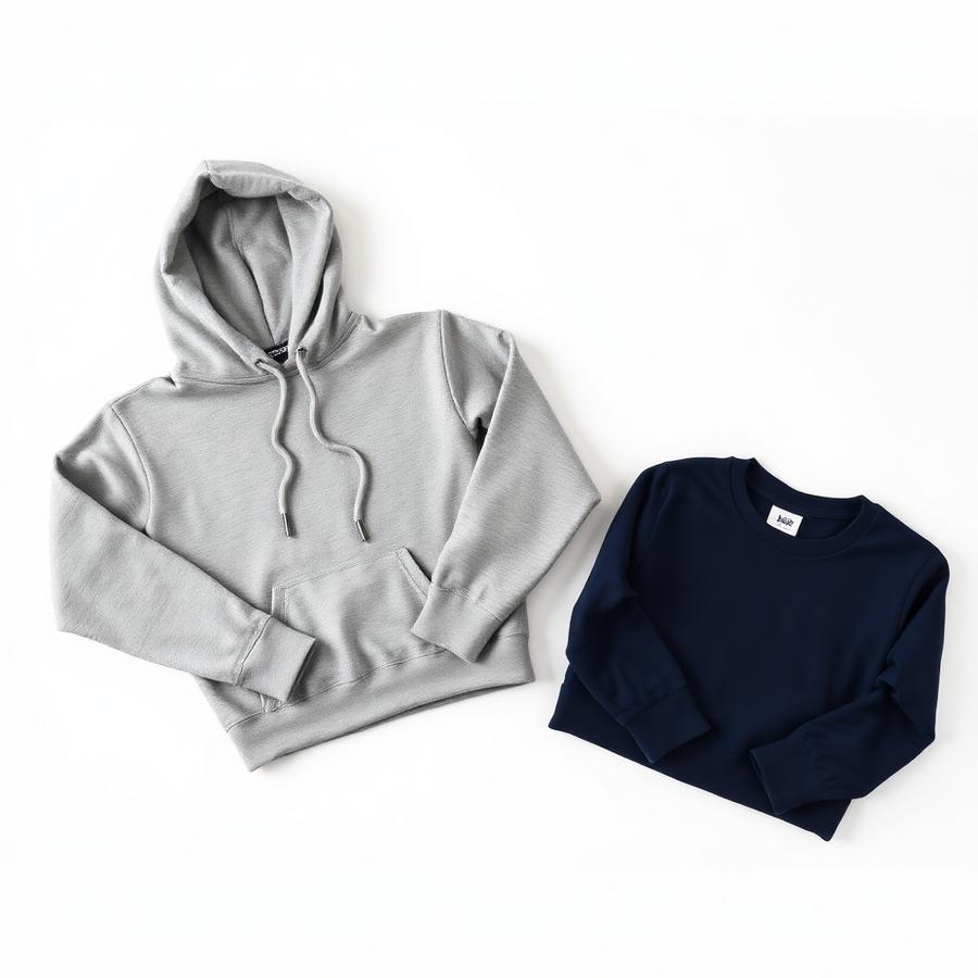 Heather gray custom hoodie beside a navy embroidered jacket laid flat