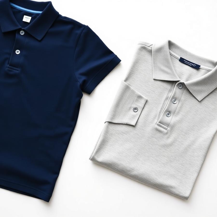 Navy and heather gray polo shirts laid flat side by side