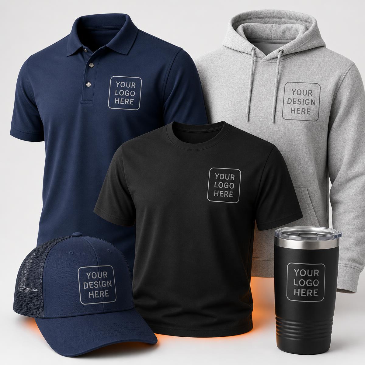 Montage of blank apparel mockups — navy polo, gray hoodie, black t-shirt, navy trucker cap, and black tumbler — each marked YOUR LOGO HERE