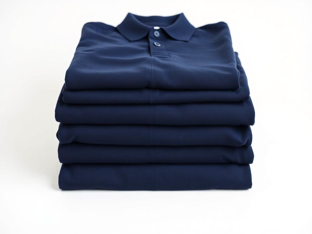 Stack of six folded navy embroidered polo shirts ready for a custom left-chest logo