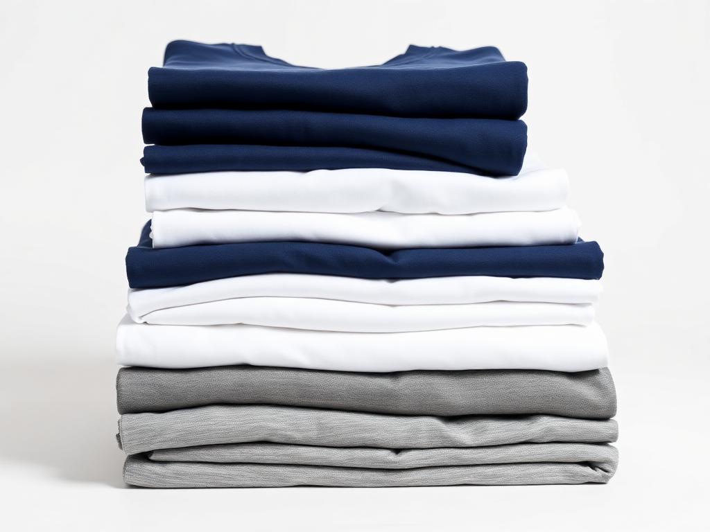 Large stack of folded blank t-shirts in navy, white, and heather gray for a bulk screen printing order