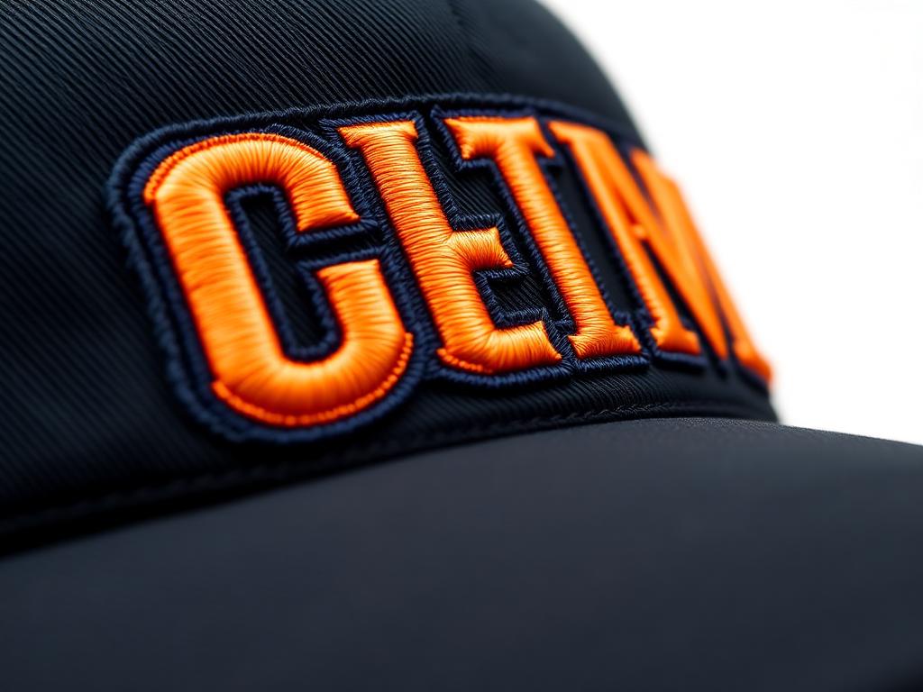 Raised 3D puff embroidered lettering in orange and navy thread on a black cap
