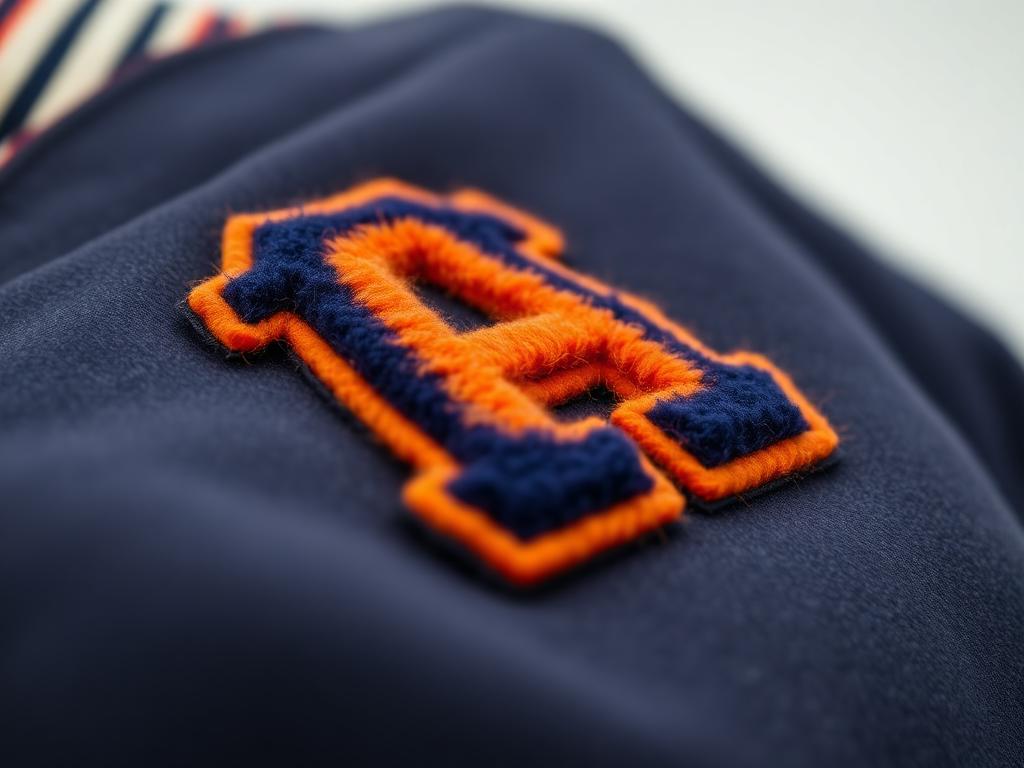 Fuzzy chenille varsity letter patch in navy and orange on a letterman jacket