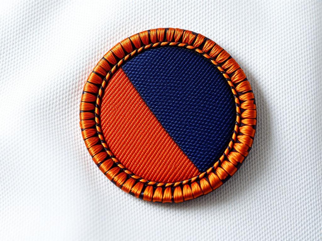 Round custom embroidered patch in navy and orange thread with a merrowed edge