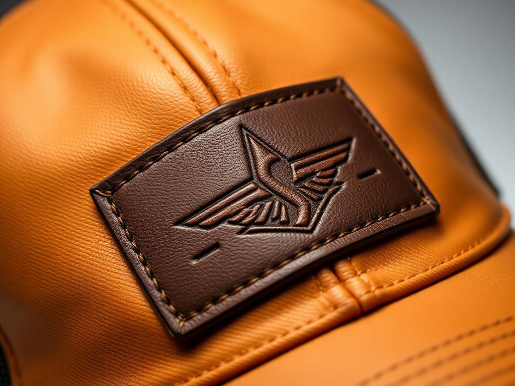 Brown faux leather patch with a debossed logo stitched onto an orange cap