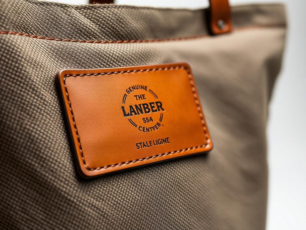 Genuine tan leather patch with an etched logo stitched onto a canvas tote bag