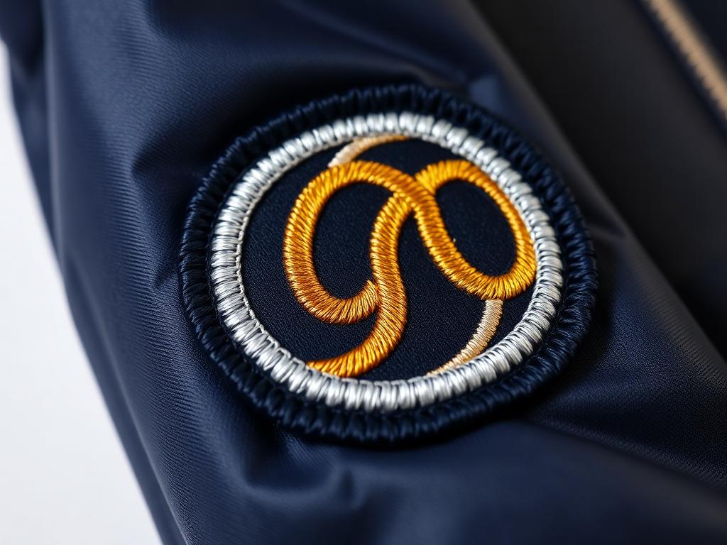 Patch with glossy gold and silver metallic liquid embroidery thread on a navy jacket