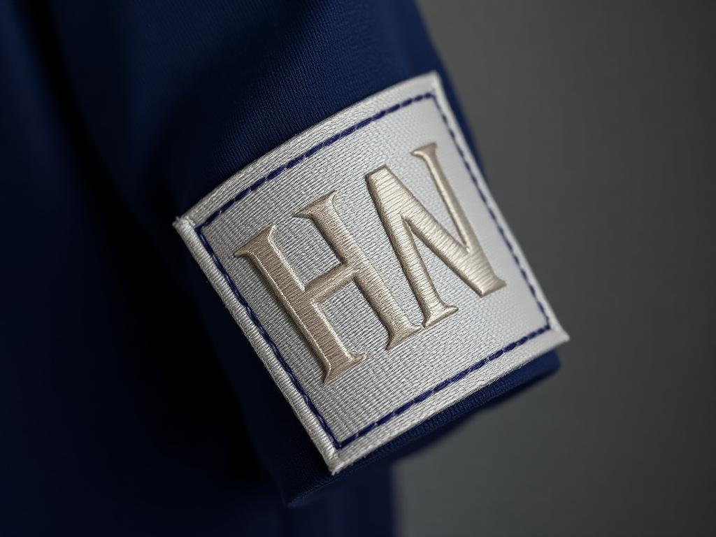 White flexible twill patch with stitched lettering on a navy jersey sleeve