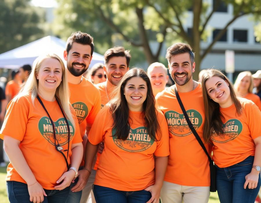 Group of volunteers at a community fundraiser wearing matching custom orange printed t-shirts