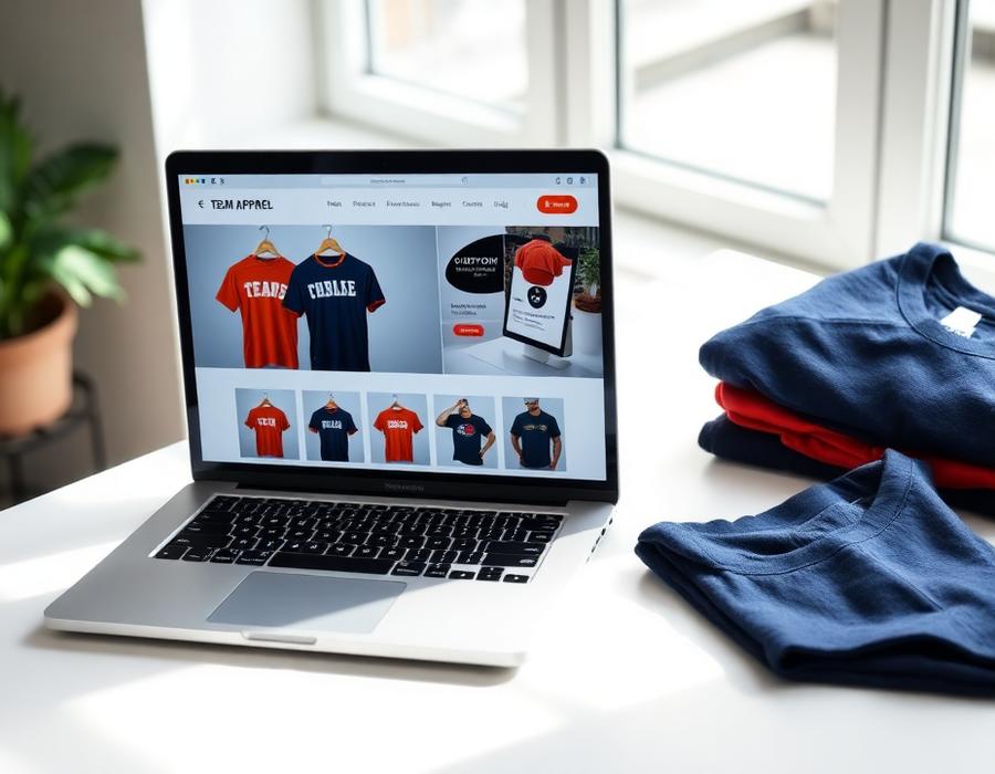 Laptop showing a branded online team apparel store beside folded custom printed shirts