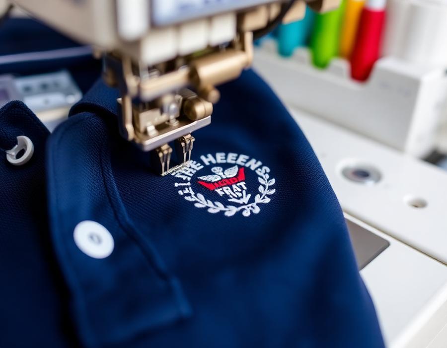 Embroidery machine stitching a custom logo onto a navy polo shirt