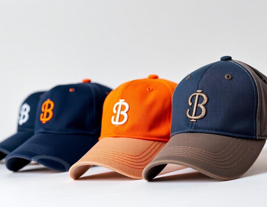 Row of custom embroidered baseball caps in navy, orange, and gray on a studio backdrop