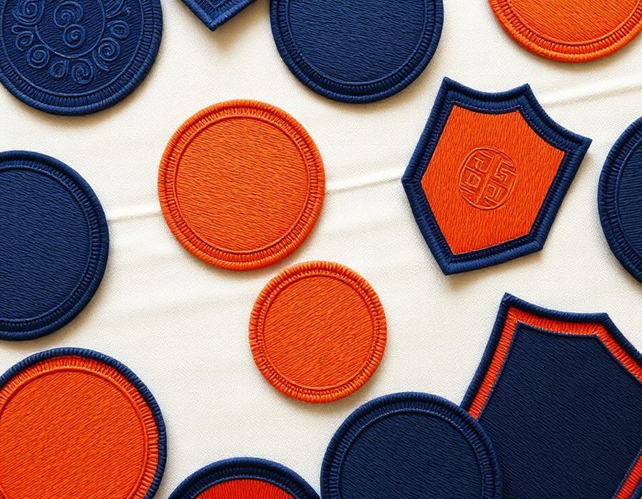 Custom embroidered navy and orange patches in circle and shield shapes with merrowed edges