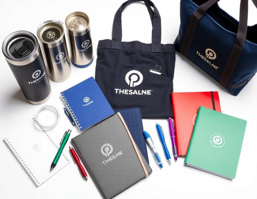 Branded promotional products including tumblers, tote bags, notebooks, and pens