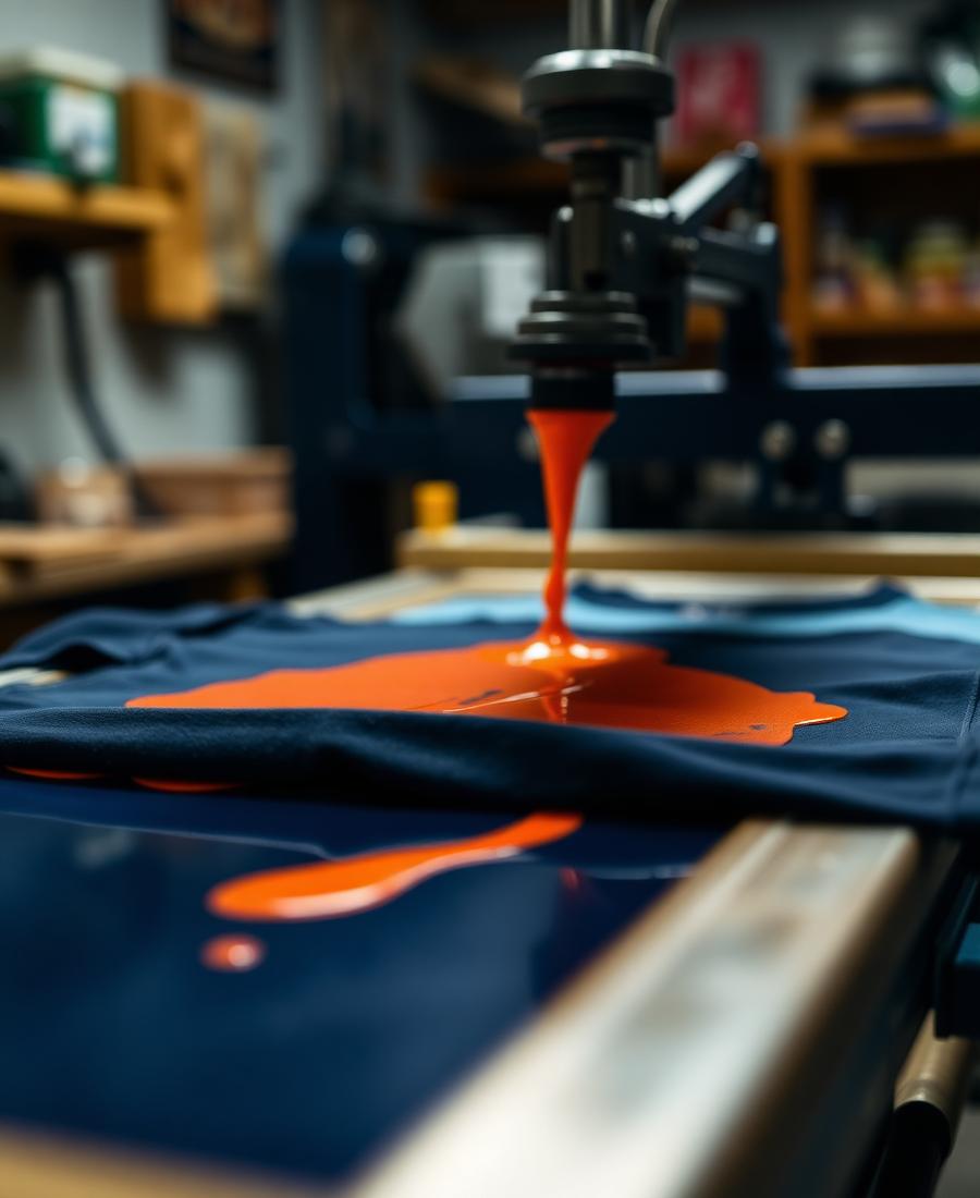 Custom t-shirt being screen printed with a company logo on press at Ultimate Swag in Mooresville NC
