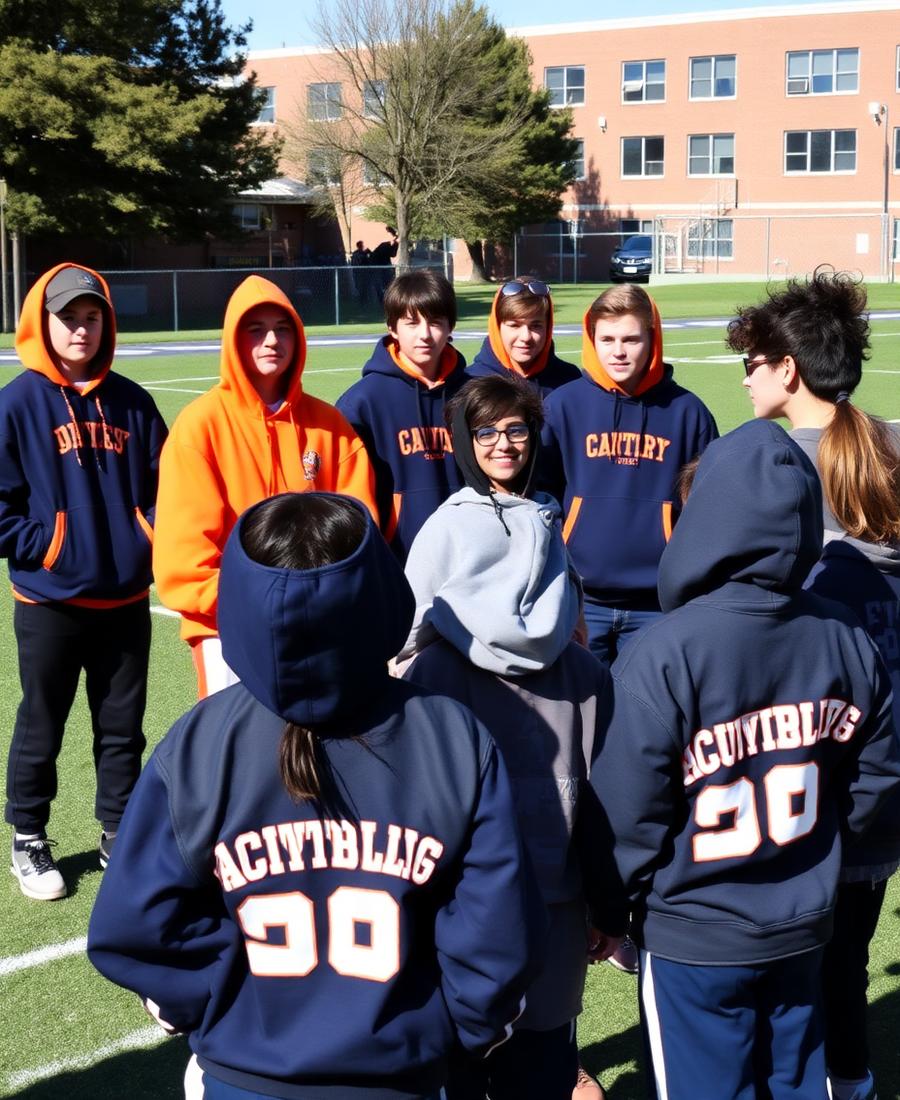 School sports team wearing matching custom navy and orange spirit wear hoodies