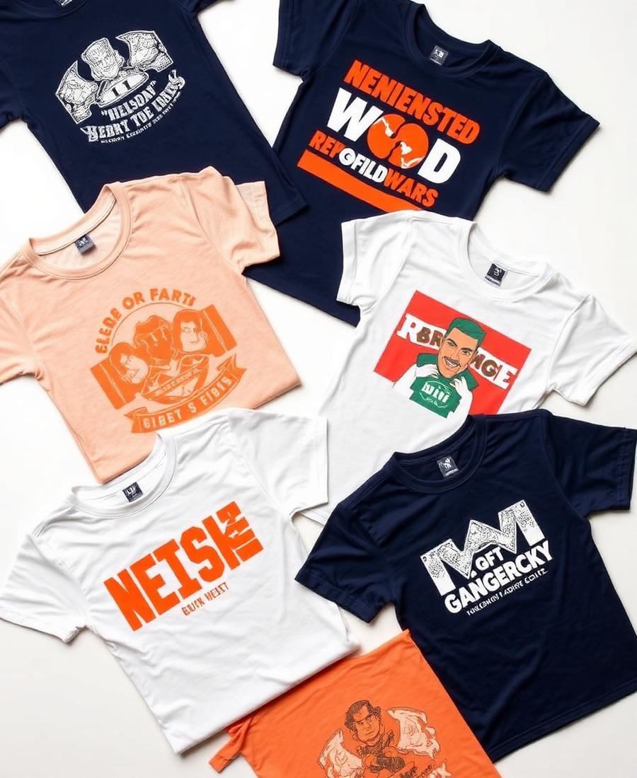 Stack of folded custom printed t-shirts, hoodies and polos decorated in house by Ultimate Swag
