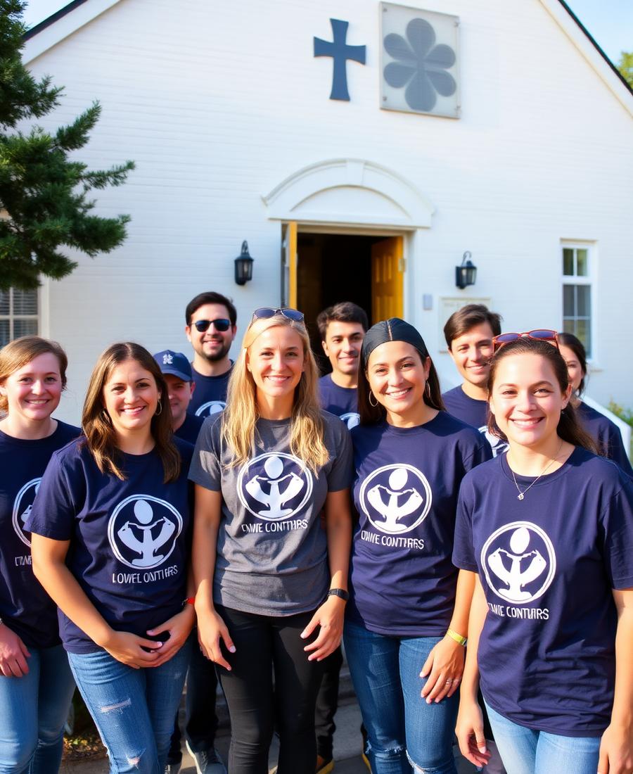 Church volunteer group in matching navy printed t-shirts outside their church