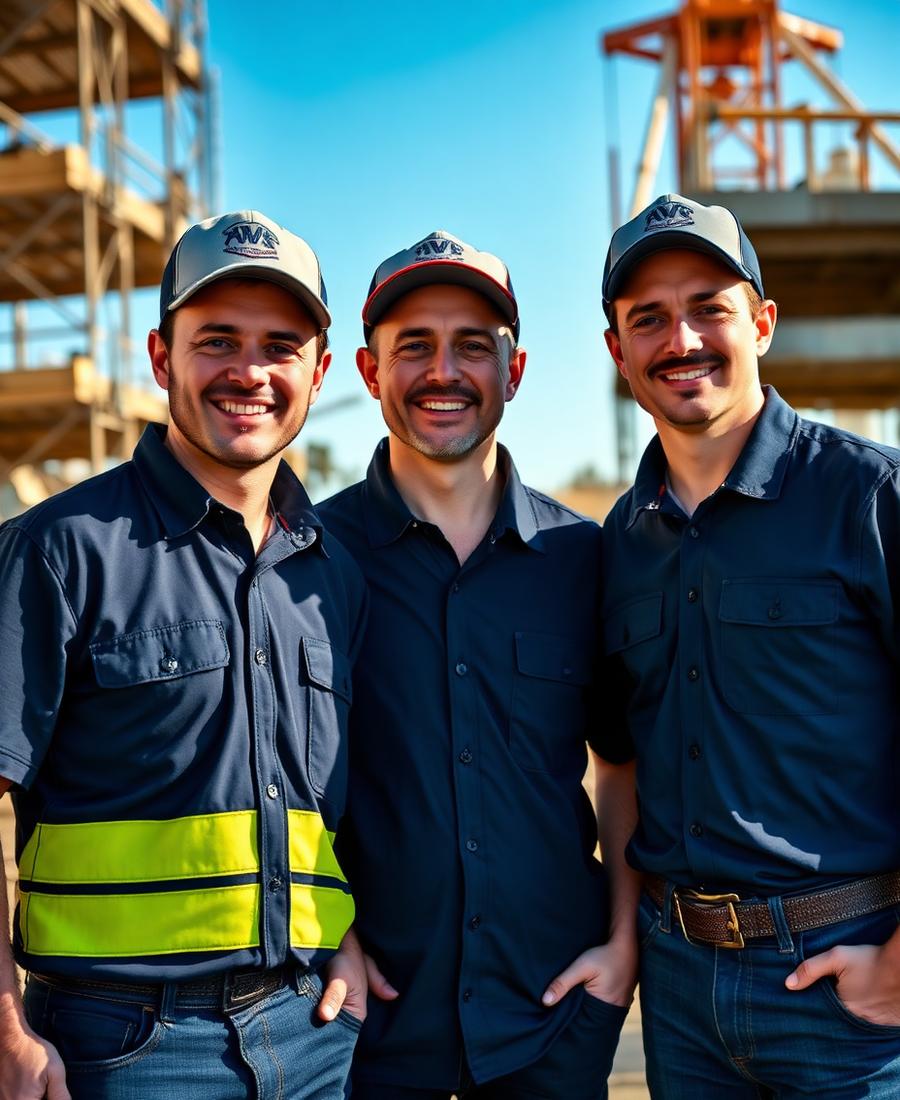 Three smiling contractors on a job site wearing matching navy work shirts and embroidered caps