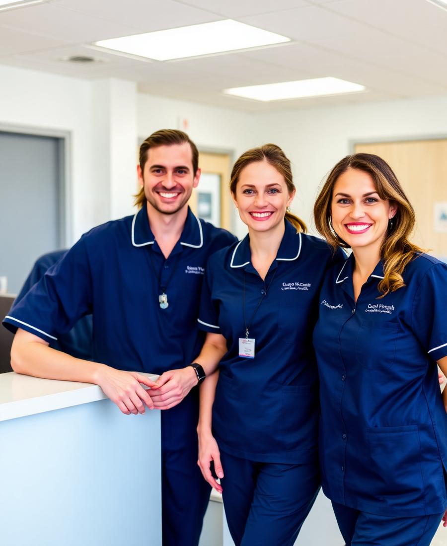 Medical office staff in matching navy embroidered scrubs at a clinic front desk