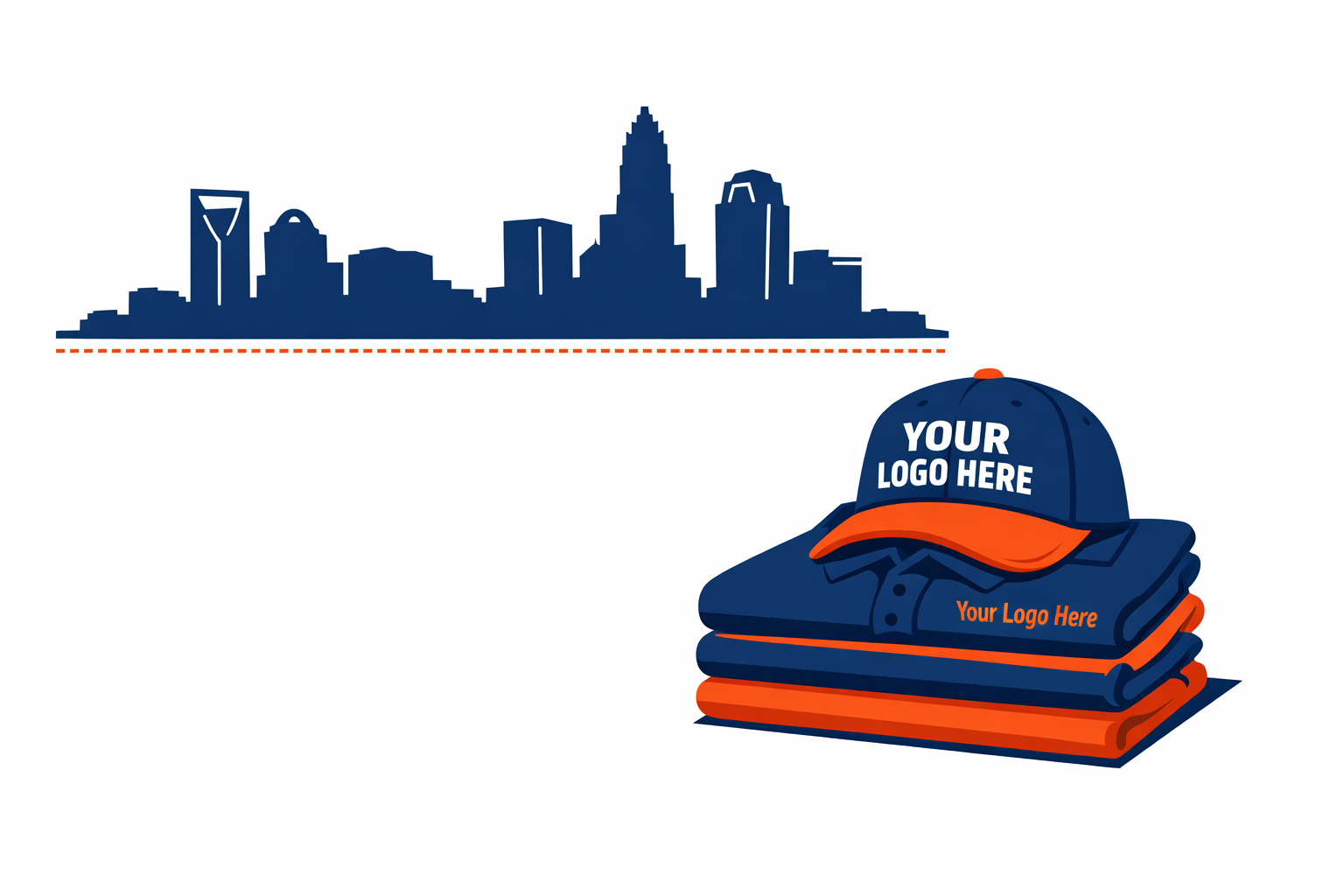 Custom cap and folded apparel that say Your Logo Here with the Charlotte, NC skyline — Ultimate Swag