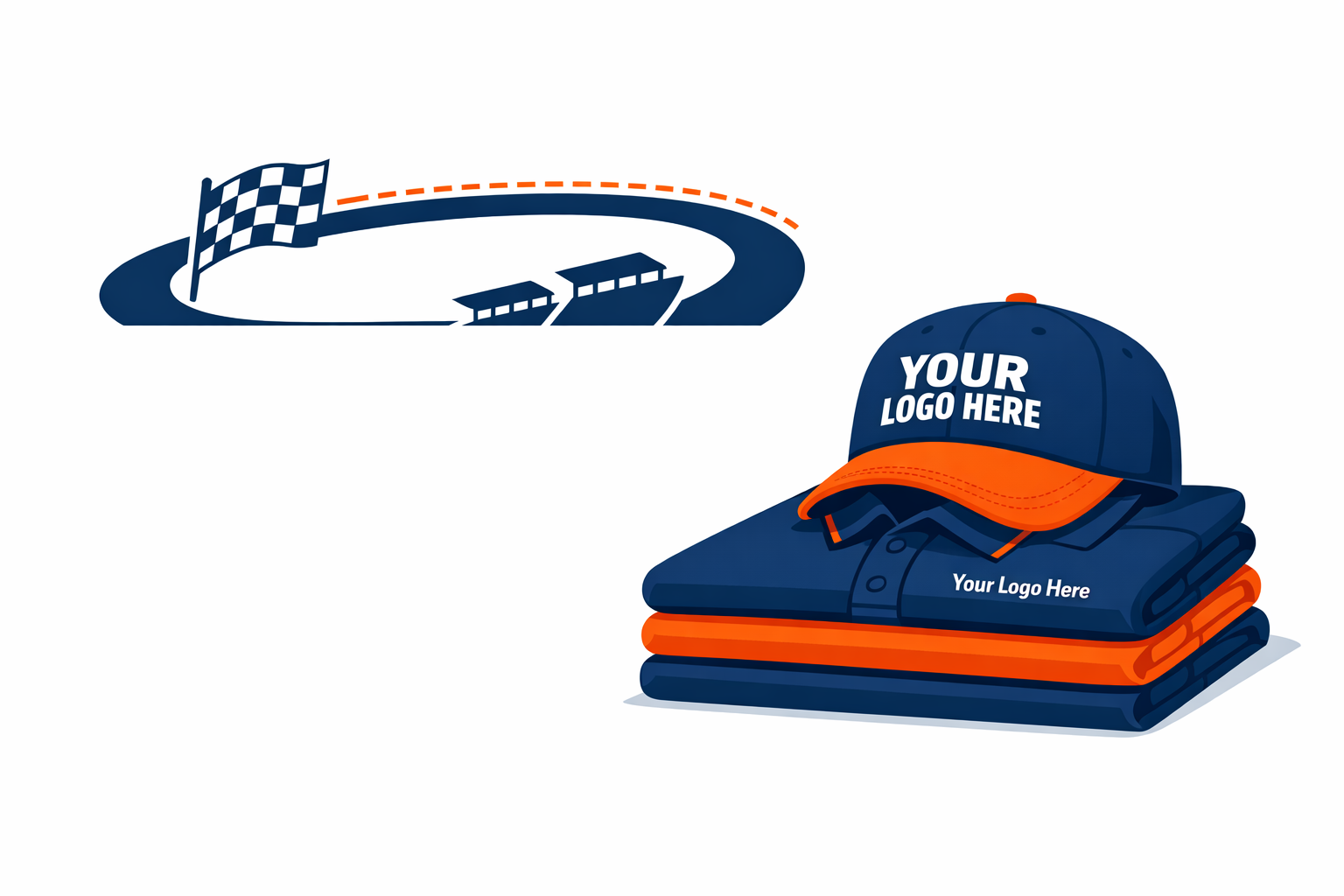 Custom cap and folded apparel that say Your Logo Here with a racetrack motif — Ultimate Swag serving Kannapolis, NC