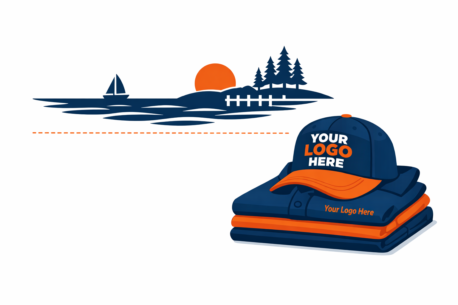 Custom cap and folded apparel that say Your Logo Here with a Lake Norman scene — Ultimate Swag serving Cornelius, NC